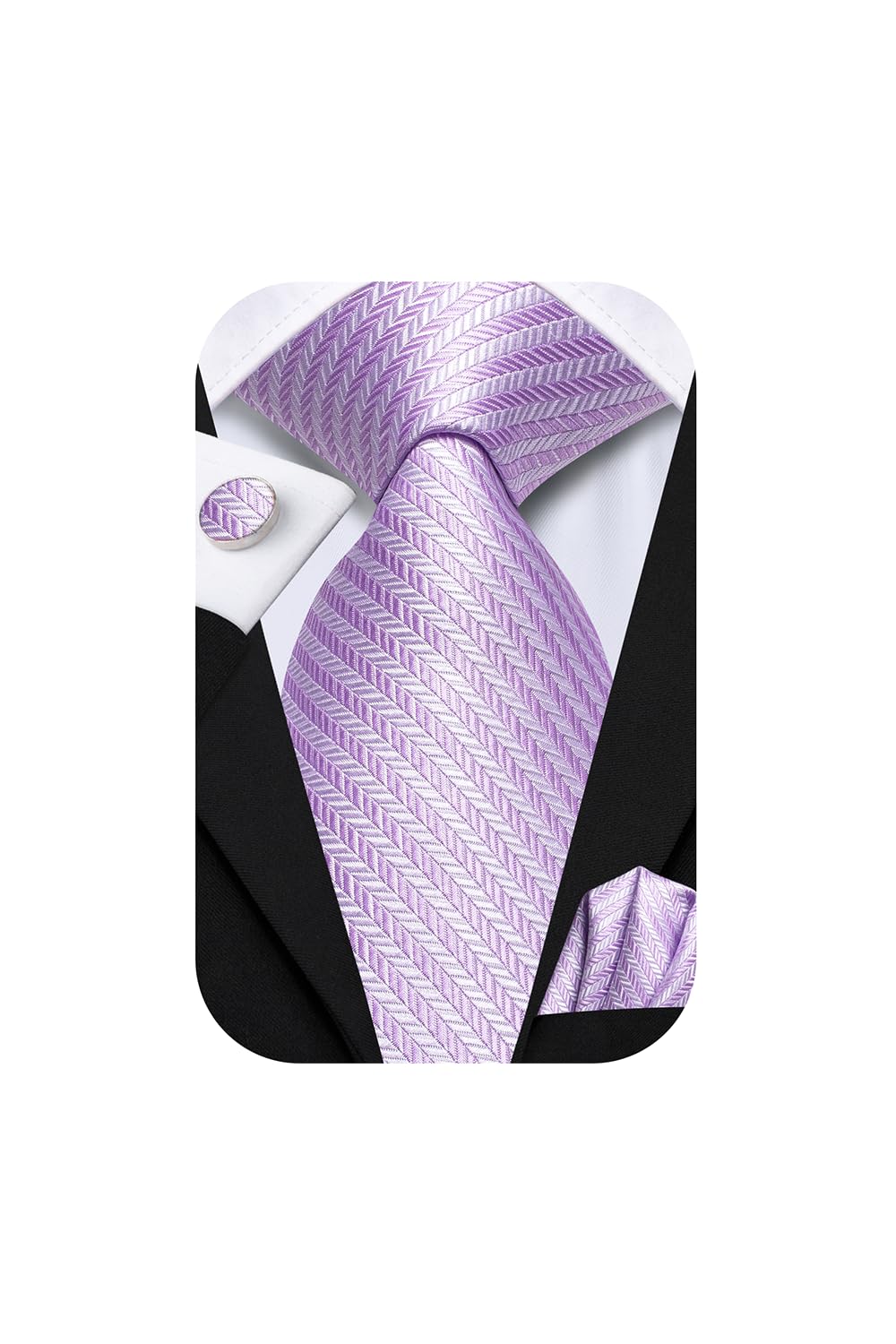 Hi-Tie Mens 70 inches Tie Set With Cufflinks Handkerchief Set For Wedding or Business,Light Purple