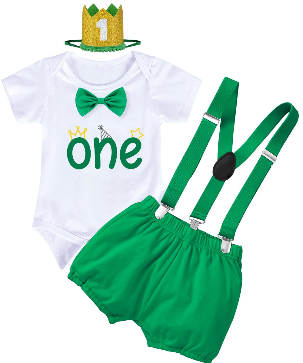 YYDSXK 1st Birthday Outfit for Boys, Baby Boy First Birthday Outfit with Onesie, Shorts and Crown Headband, Cake Smash Outfit for Birthday Party, Baby Shower, Photo Shooting (Green, 100)