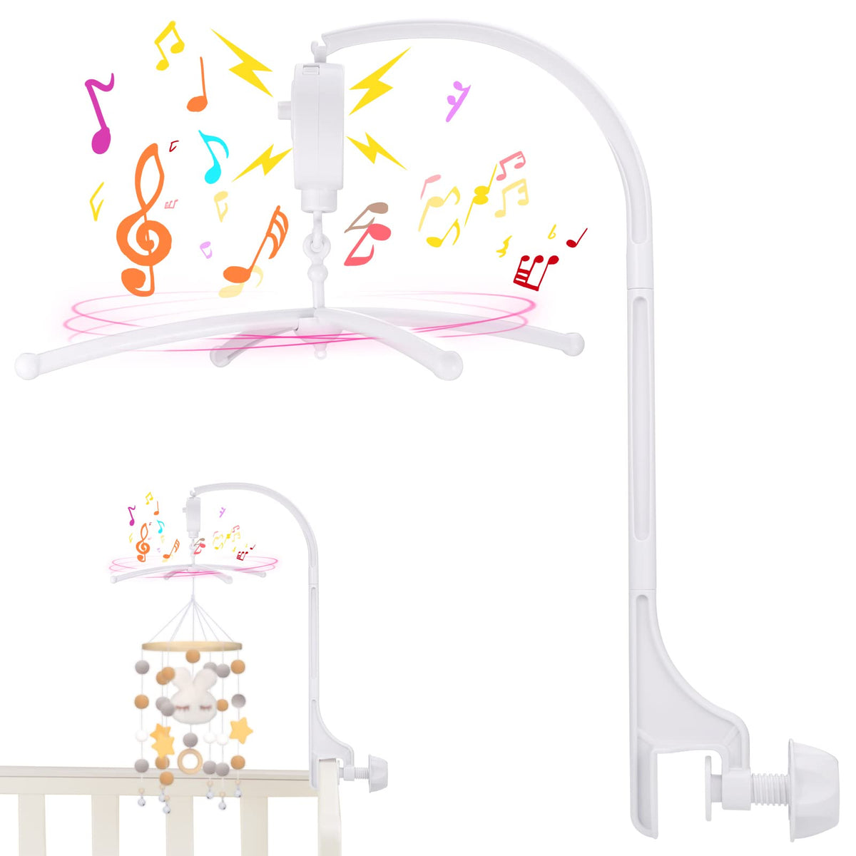 23 Inch Cot Mobile Arm, Adjustable Baby Mobile Holder with Musical Box, White Plastic Crib Mobile Arm Funny Baby Accessories, Baby Mobile Hanger, Sturdy Baby Mobile Arm for Hanging Cot Toy Bed Bell