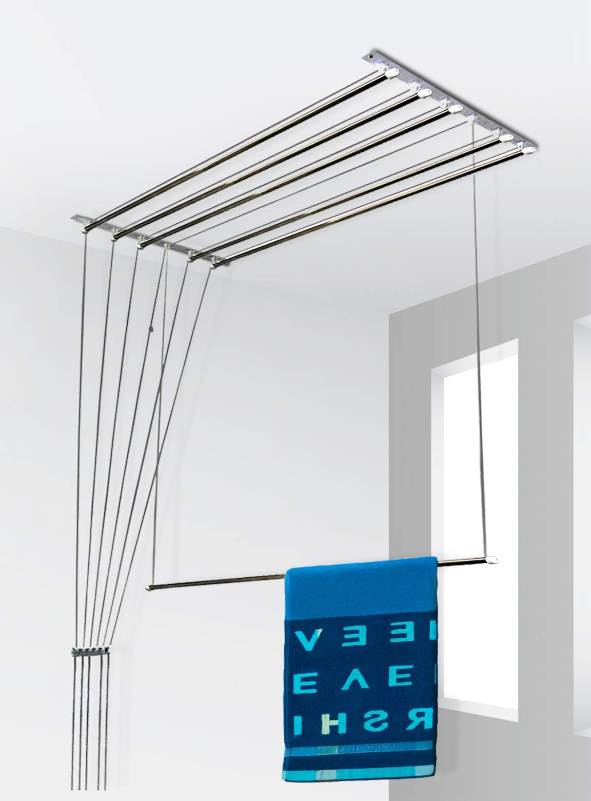 Synergy - (6 Pipes x 6 Feet - Heavy Duty - Stainless Steel Ceiling Clothes Hanger/Cloth Dryer with UV Protected Nylon Rope and Individual Drop Down Railers (SY-CL3)
