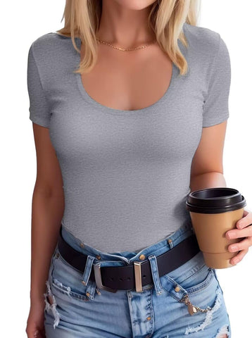 SANDERY Summer Women's Scoop Neck Short Sleeve Shirts Ribbed Slim Fitted Casual Basic Top Blouses Grey M