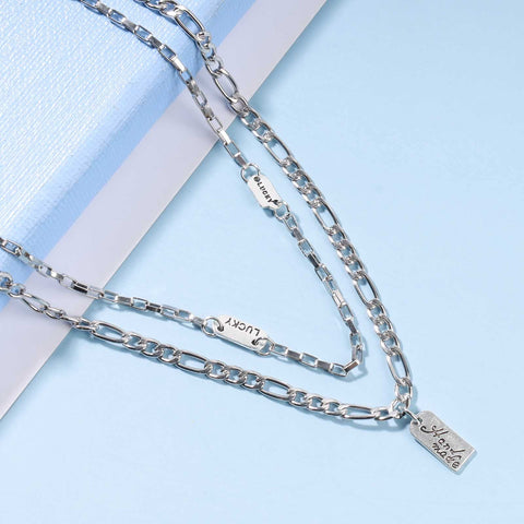 Yheakne Boho Layered Silver Bar Necklace Choker Figaro Chain Necklace Vintage Layering Link Chain Necklace Geometric Necklace Jewelry for Women and Girls