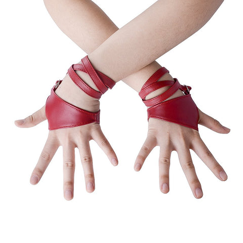 JISEN Women Half Palm Fingerless PU Leather Night Bar Band Up Punk Gloves Red