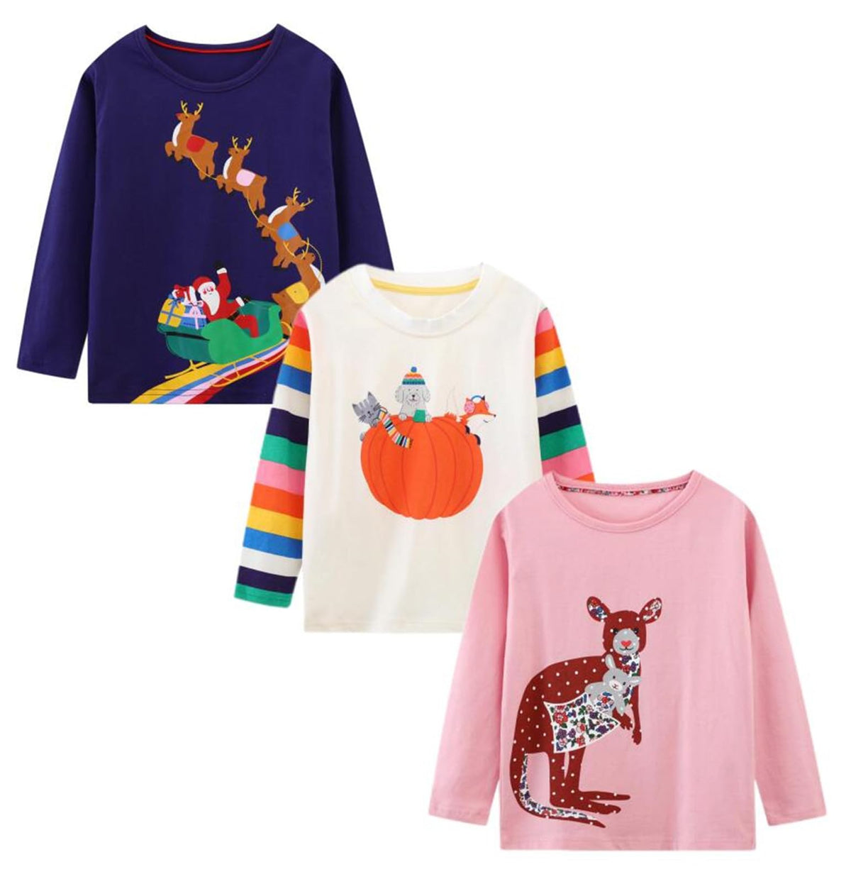 Toddler Girl Long Sleeve Shirts Cotton Casual Blue Santa Christmas Tops Shirts 3Pack Tees 2T