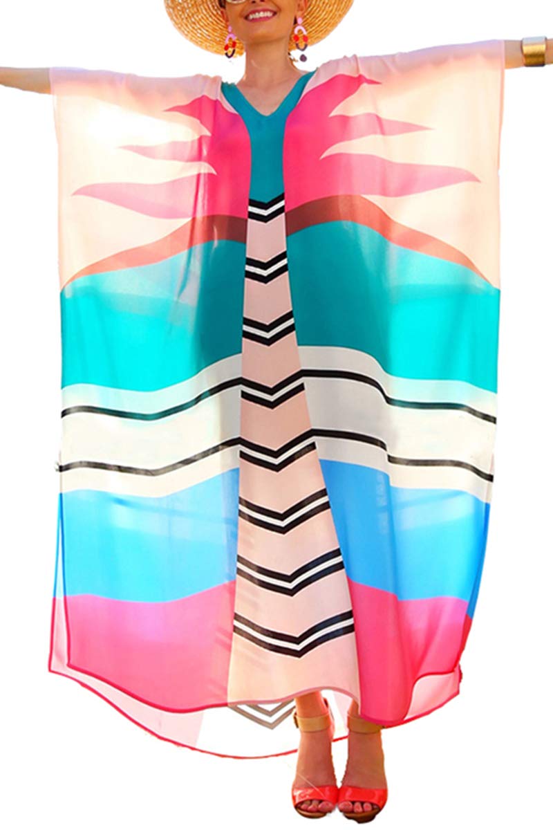 YouKD Women's Kaftan Maxi Bohemian Dress Beach Bikini Coverup Robe Long Kimono One Size Loungewear Rainbow