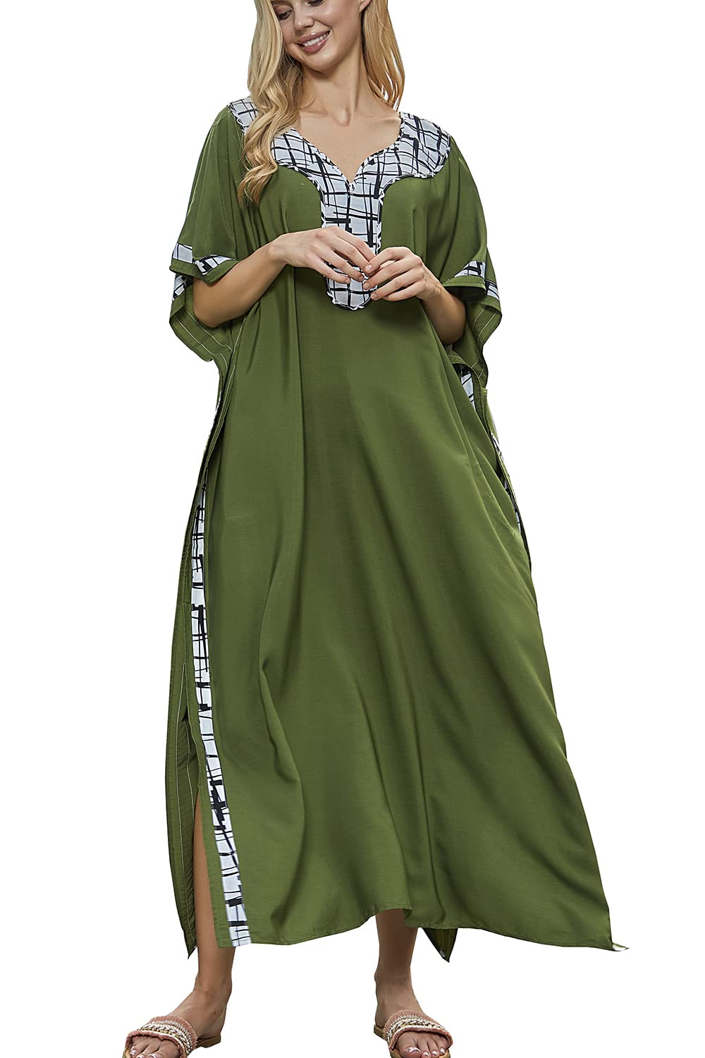 YouKD Maxi Dress V-Neck Kaftan Boho Robes Beach Cover-ups Dress Maxi Garment for Women A Green