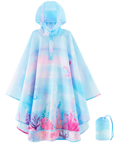 WAWSAM Lightweight Kids Rain Poncho Waterproof Kids Poncho Reusable Hooded Rain Jacket for Boys Girls