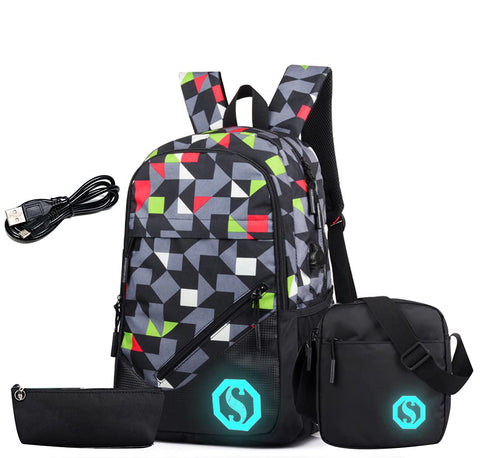 JiaYou Boy Girl Unisex 20L Fashion School Bag Backpack with Florescent Mark 3 Sets/2 Sets (20L, USB ColorE 3 Sets)