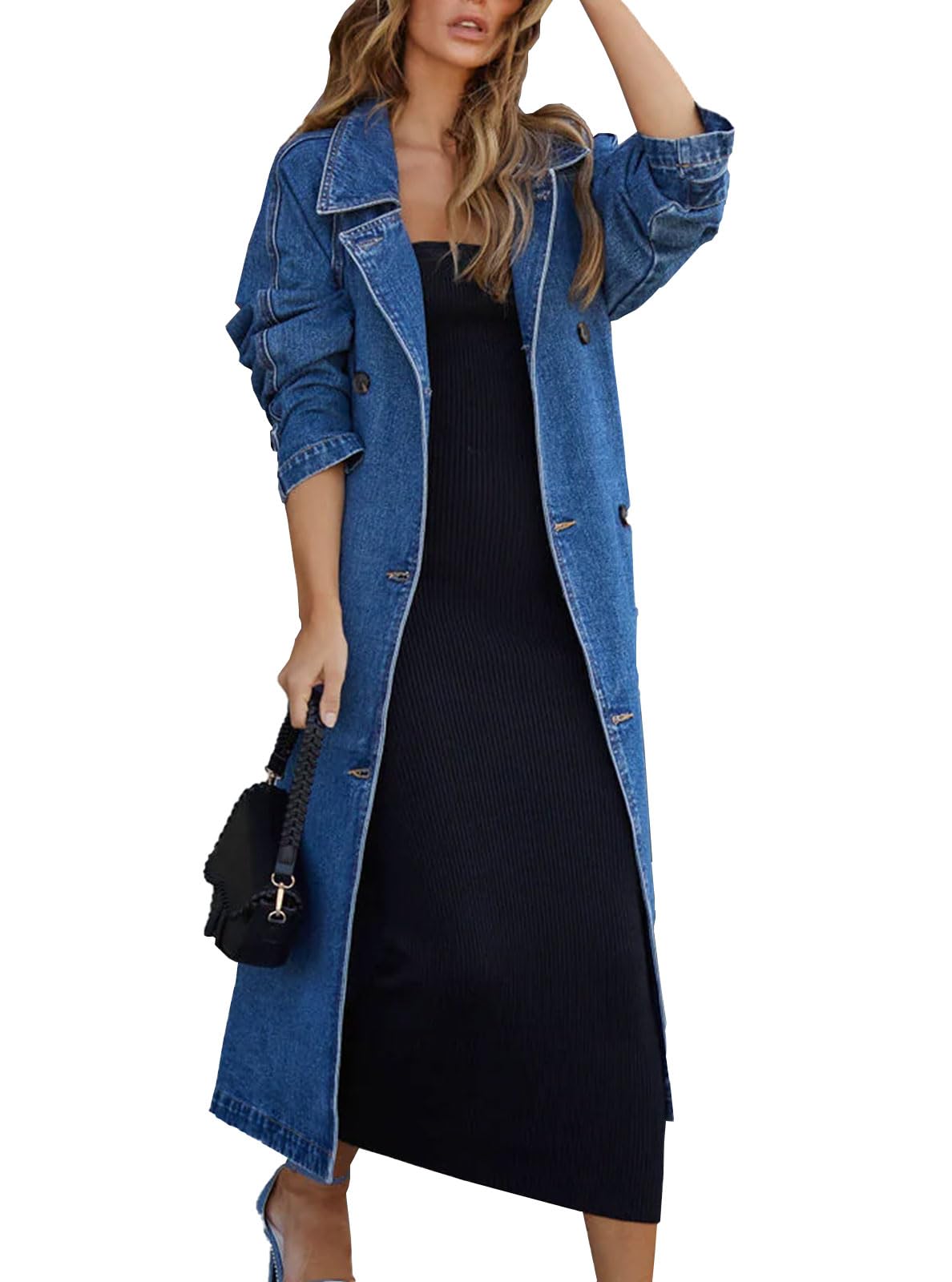 MJFCS YAENH Women's Vintage Notched Collar Double Breasted Over Knee Midi Long Denim Jacket Trench Coat with Belt(Blue,XL)