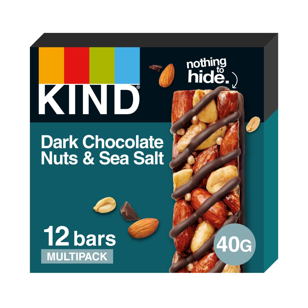 KIND Bars, Dark Chocolate Nuts & Sea Salt, Gluten Free, High Fibre, No Artificial Colours, Flavours or Preservatives, Multipack 12 x 40g