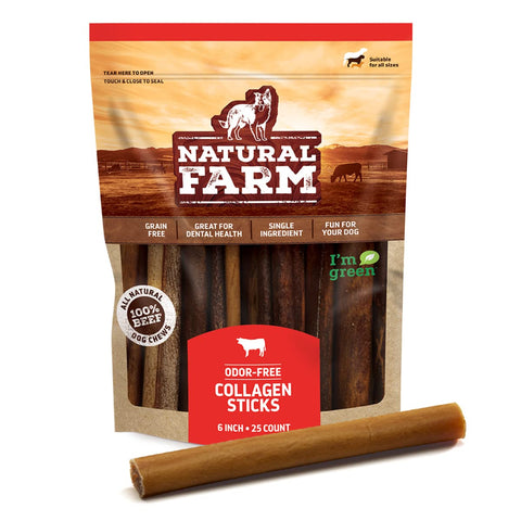 Natural Farm Collagen Dog Chews (6 Inch, 25 Pack), Odor-Free Long Lasting Bully Sticks & Rawhide Alternative Dog Treats, 95% Collagen Low Fat, High Protein Best Dental Dog Treats - Medium & Large Dogs