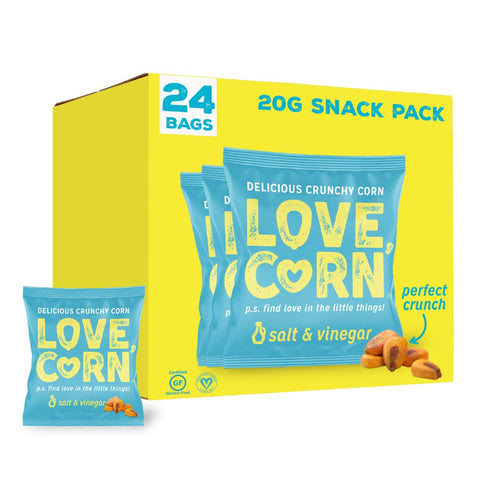 LOVE CORN Salt & Vinegar Crunchy Corn Snack 20g x 24 Bags - Healthy Snacks Ideal for Gluten Free & Vegan Diets - Low Sugar Alternative for Crisps, Mixed Nuts & Pretzels - Perfect To Graze On