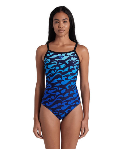 ARENA Women's Standard Performance Surfs Up Light Drop Back Swimsuit, Black/Black Multi