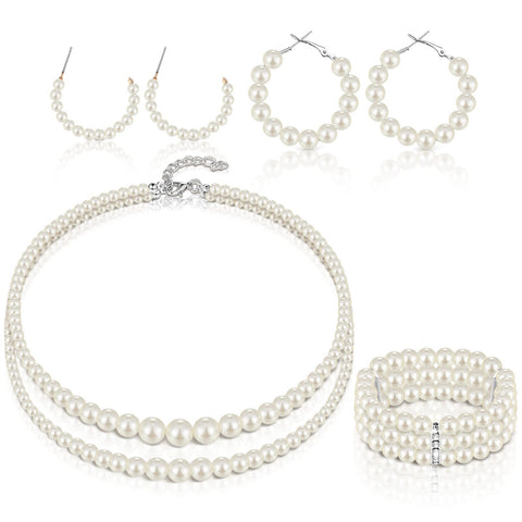 Pearl Jewelry Set for Women Faux Pearl Necklace Bracelet Earrings Set Pearl Necklace Earrings White Wrist Bracelets for Wedding Birthday Party Gift(Simple Style)