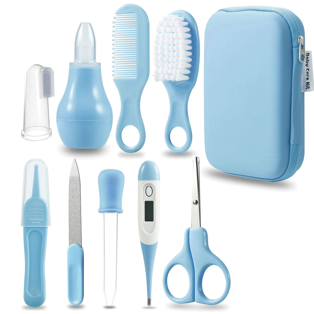 PandaEar Baby Healthcare and Grooming Kit, Baby Safety Set Baby Comb, Brush, Finger Toothbrush, Nail Clippers, Scissors, Nasal Aspirator, Baby Essentials Nursery Care Kit (Blue)