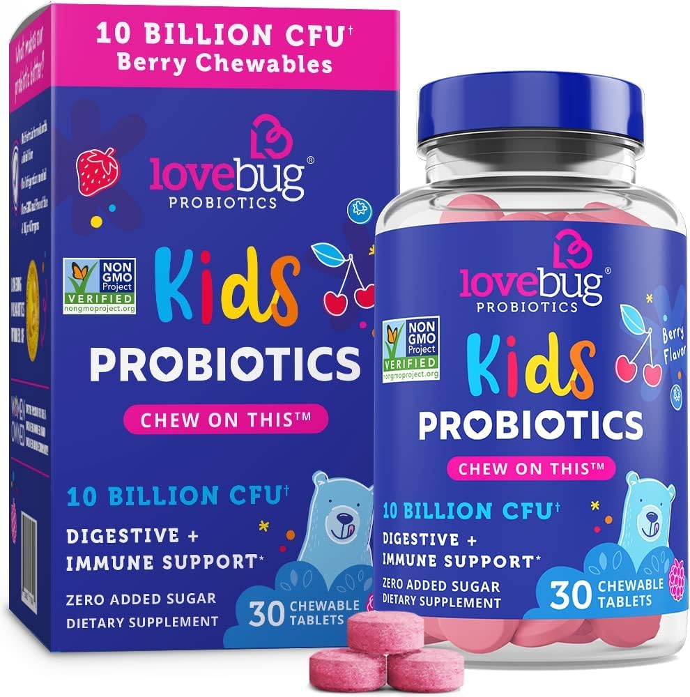 lovebug PROBIOTICS for Kids | Multi-Strain 10 Billion CFU | Constipation & Stomach Discomfort | Sugar Free | Ages 4+ | Natural Berry Flavor | 30 Chewables