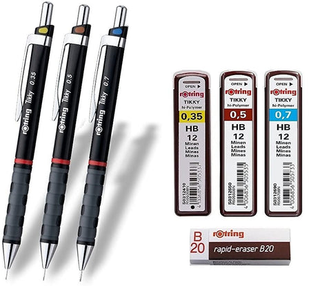 rOtring ‘Tikky’, set of 3 with colour coding, 0.35 / 0.5 / 0.7 mm, includes 3 Boxes of refill HB lead and a B20 eraser