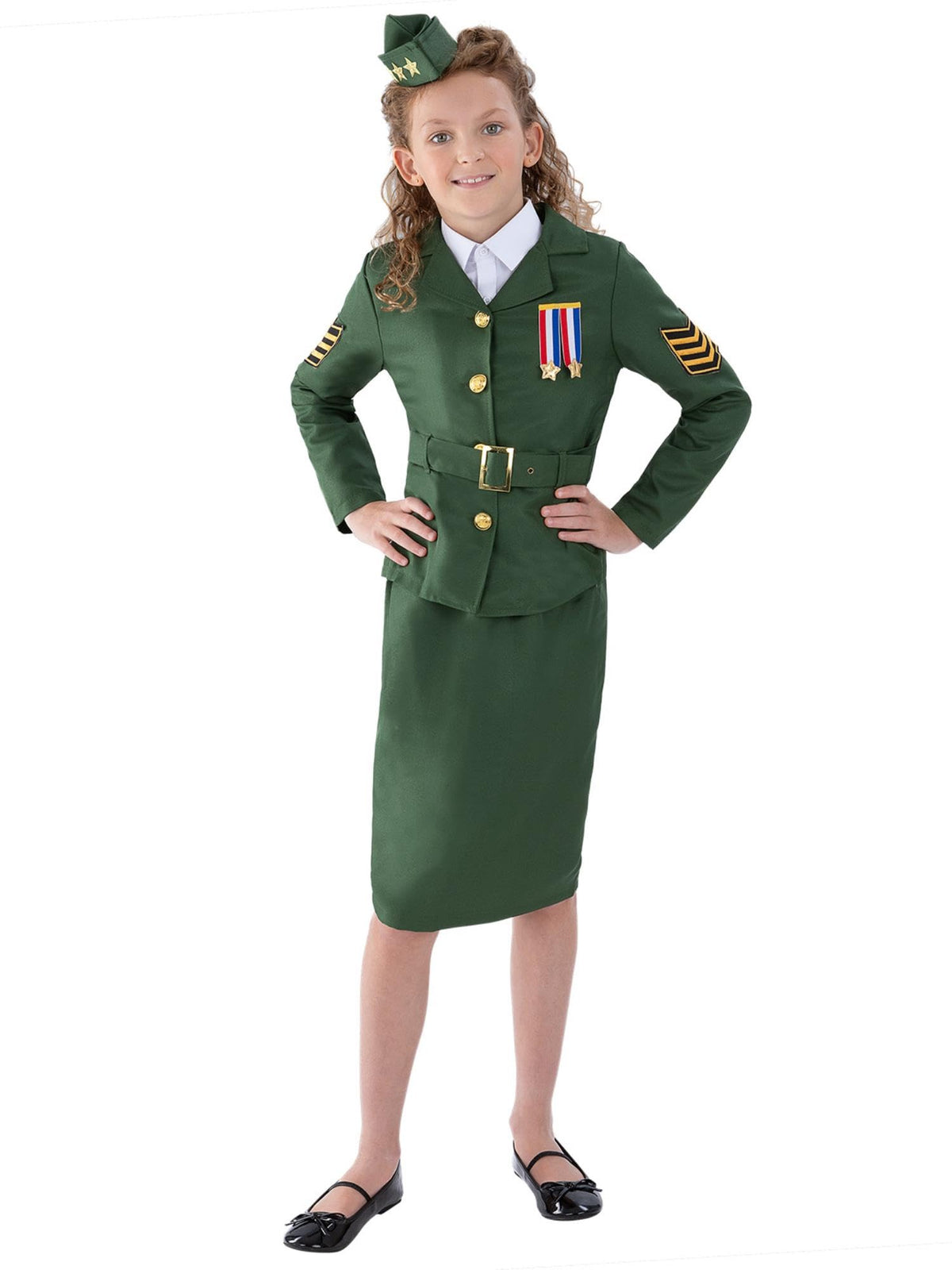 WW2 Army Girl Costume, Khaki Green, with Jacket, Skirt, Attached Belt & Hat, (M)