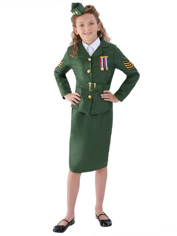 WW2 Army Girl Costume, Khaki Green, with Jacket, Skirt, Attached Belt & Hat, (M)