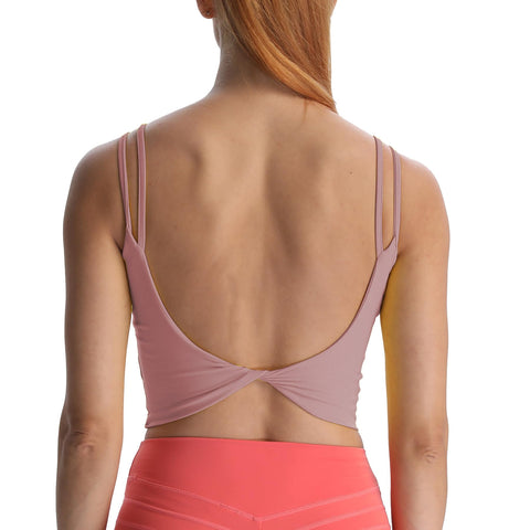 Aoxjox Women's Workout Sports Bras Fitness Padded Backless Yoga Crop Tank Top Twist Back Cami (Woodrose, Small)