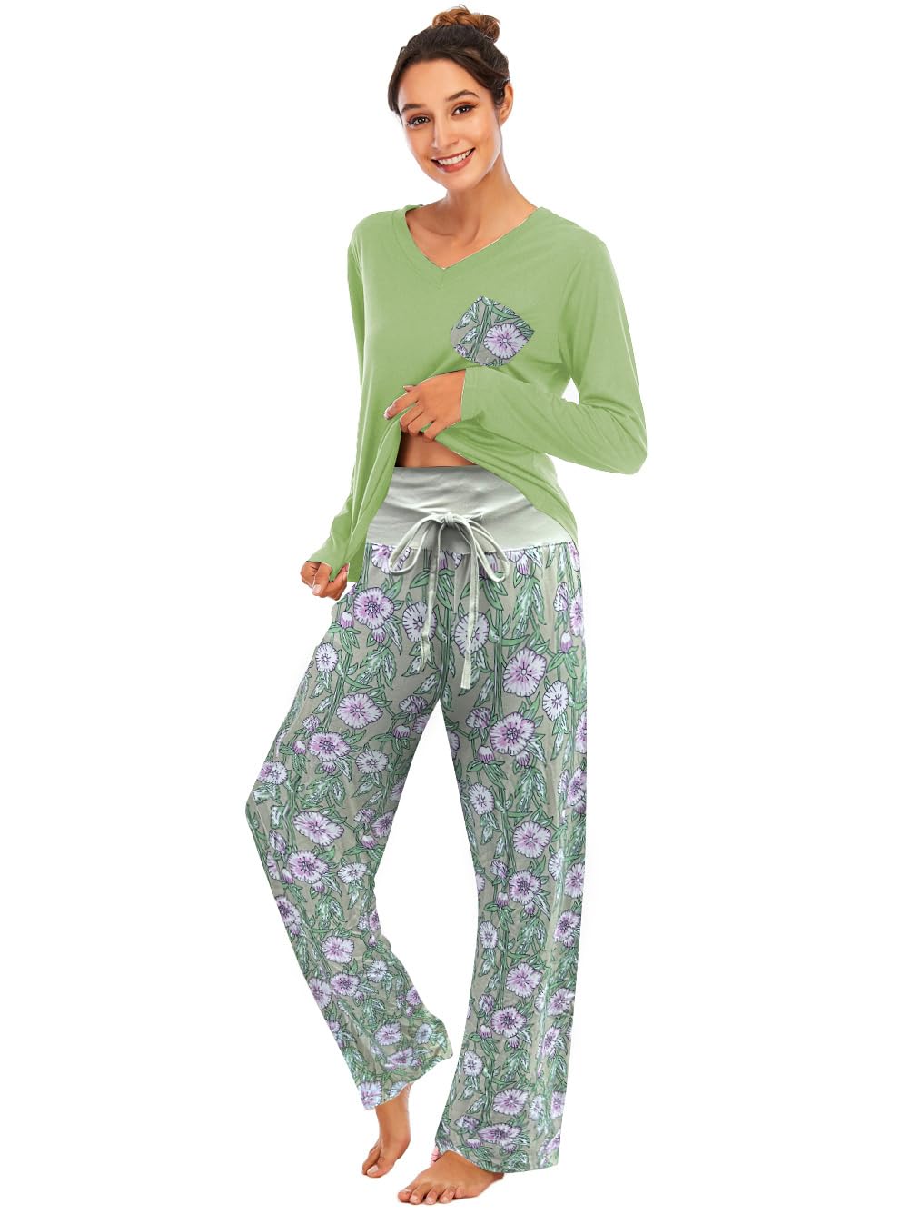 Famulily Ladies Pyjamas Set 22/24 Wide Leg Pyjamas Soft Loungewear Winter Pjs Set Cotton Grass Green XL