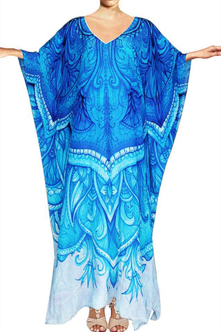 YouKD Summer Print Floral Loose Caftan Boho Beach Bikini Cover Up Dress Plus Size Robe for Women