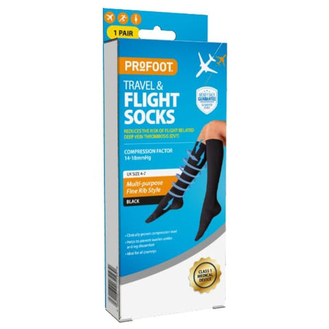 Profoot Flight Compression RIbbed Socks - Unisex - 1 Pair, Knee-High - Travel & Flight Socks - Black Ribbed Socks - UK Size 4-7