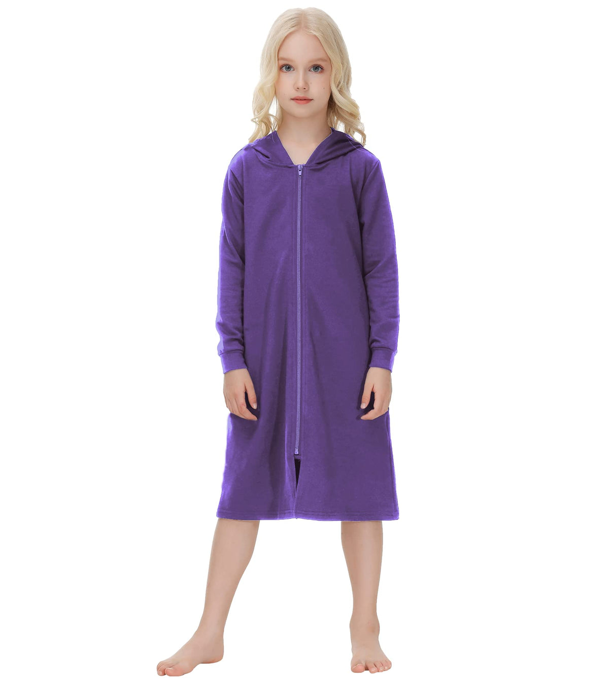 Alunsito Toddler Baby Girls Boys Front Zipper Robes Long Sleeve Full Length Nightgown Hoodie Sleepwear Housecoat with Pockets 150 Purple 11-12 Years