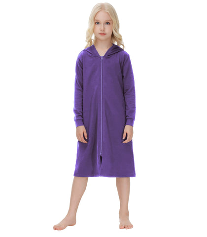 Alunsito Toddler Baby Girls Boys Front Zipper Robes Long Sleeve Full Length Nightgown Hoodie Sleepwear Housecoat with Pockets 150 Purple 11-12 Years