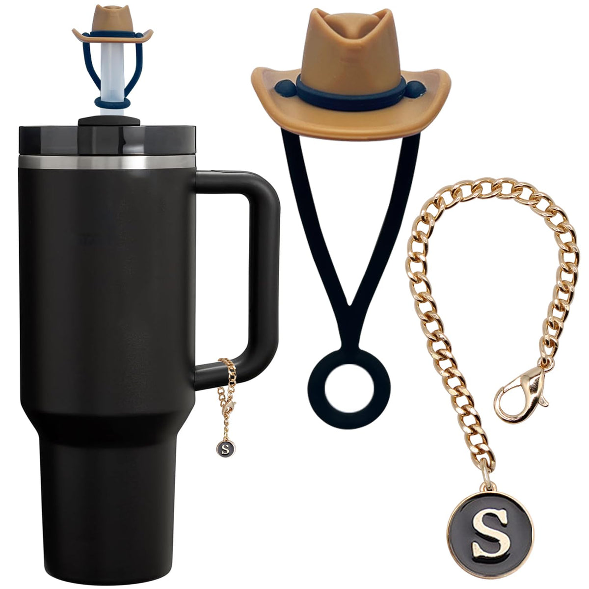 Altally Straw Covers Cap for Stanley Cup 30 40 oz,1pc Cowboy Hat Straw Topper Accessories and 1pc Initial Letter Charm For Stanley Tumbler With Handle (Letter S)
