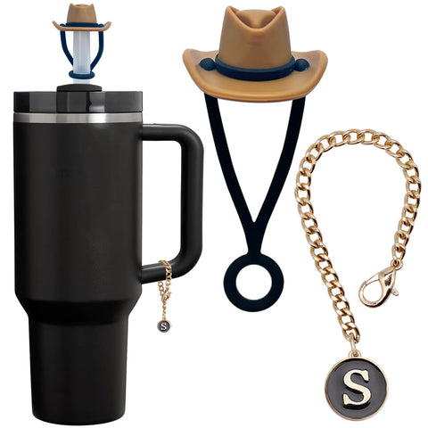 Altally Straw Covers Cap for Stanley Cup 30 40 oz,1pc Cowboy Hat Straw Topper Accessories and 1pc Initial Letter Charm For Stanley Tumbler With Handle (Letter S)
