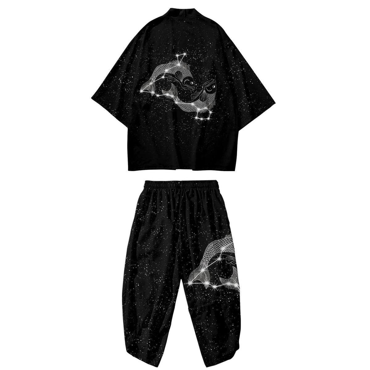 DOSLAVIDA Men's Japanese Kimono Jacket Set Stylish Open Front Coat With Shorts Chinese Style Printed Cardigan Suits, Pants-black 4, Large