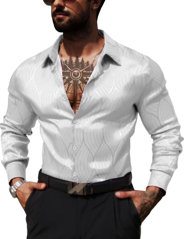 ZSJR Men's Summer Shirts Long Sleeve Silk Satin Jacquard Shirts Casual Button Down Beach Shirt White