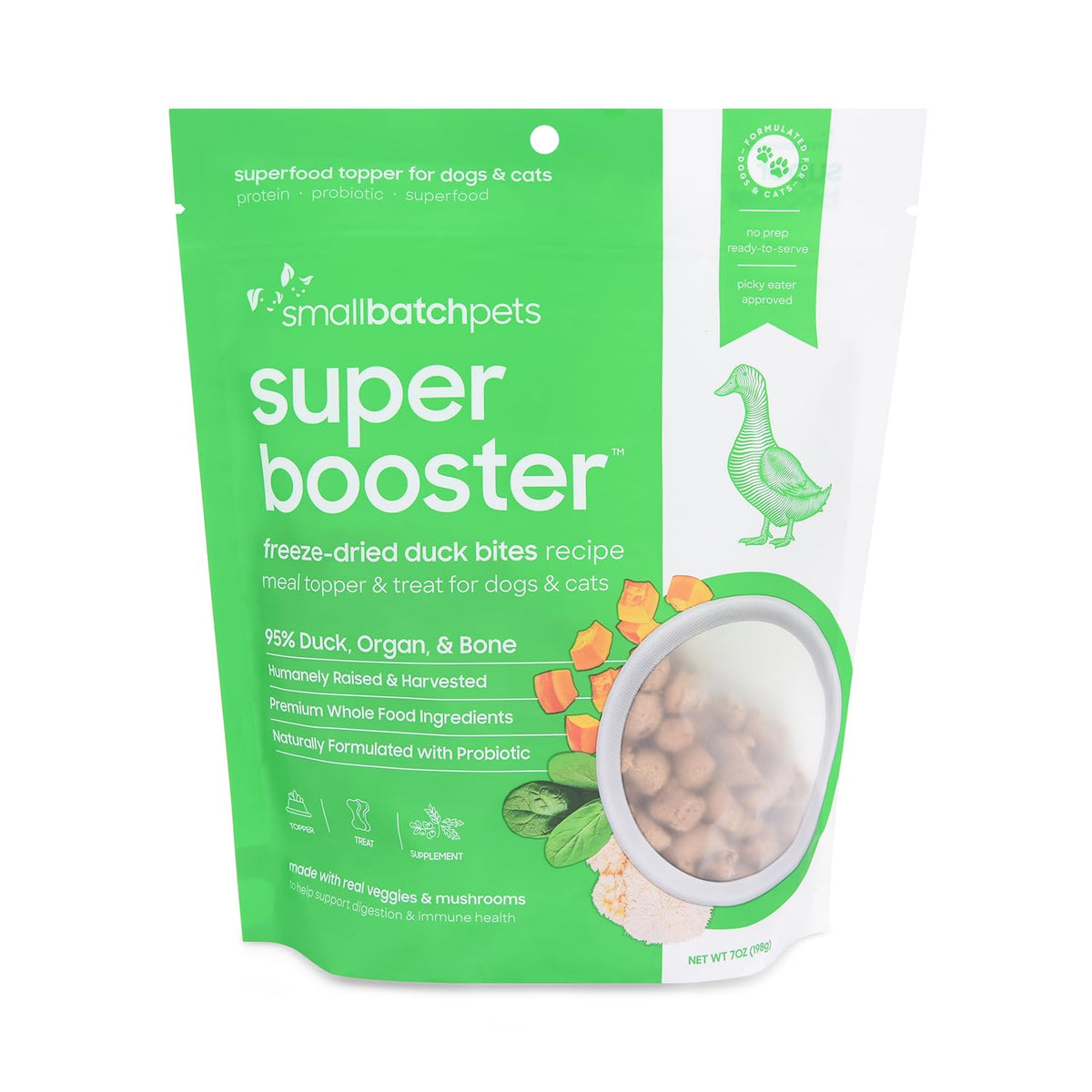 smallbatch Pets Freeze-Dried Duck Bites for Dogs & Cats, 7 oz, Made in The USA, Organic Produce, Humanely Sourced Meat, Single Source Protein, Mixer & Topper, Healthy, with Mushrooms and Probiotics