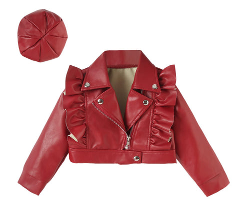 Happy Cherry Baby Girls Spring Autumn PU Faux Leather Lapel Jacket Cropped Oblique Zipper Coat Slim Short Biker Motorcycle Crop Jacket for Toddler Girl with Beret