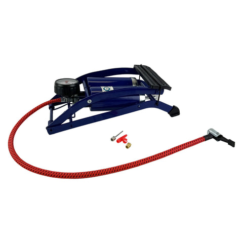 Sakura Twin Cylinder Foot Pump PG270 TWN - 52 cm Hose, Thumb Lock Connector, Pressure Gauge, 3 Valve Adaptors , Blue - For Schrader Valves Only