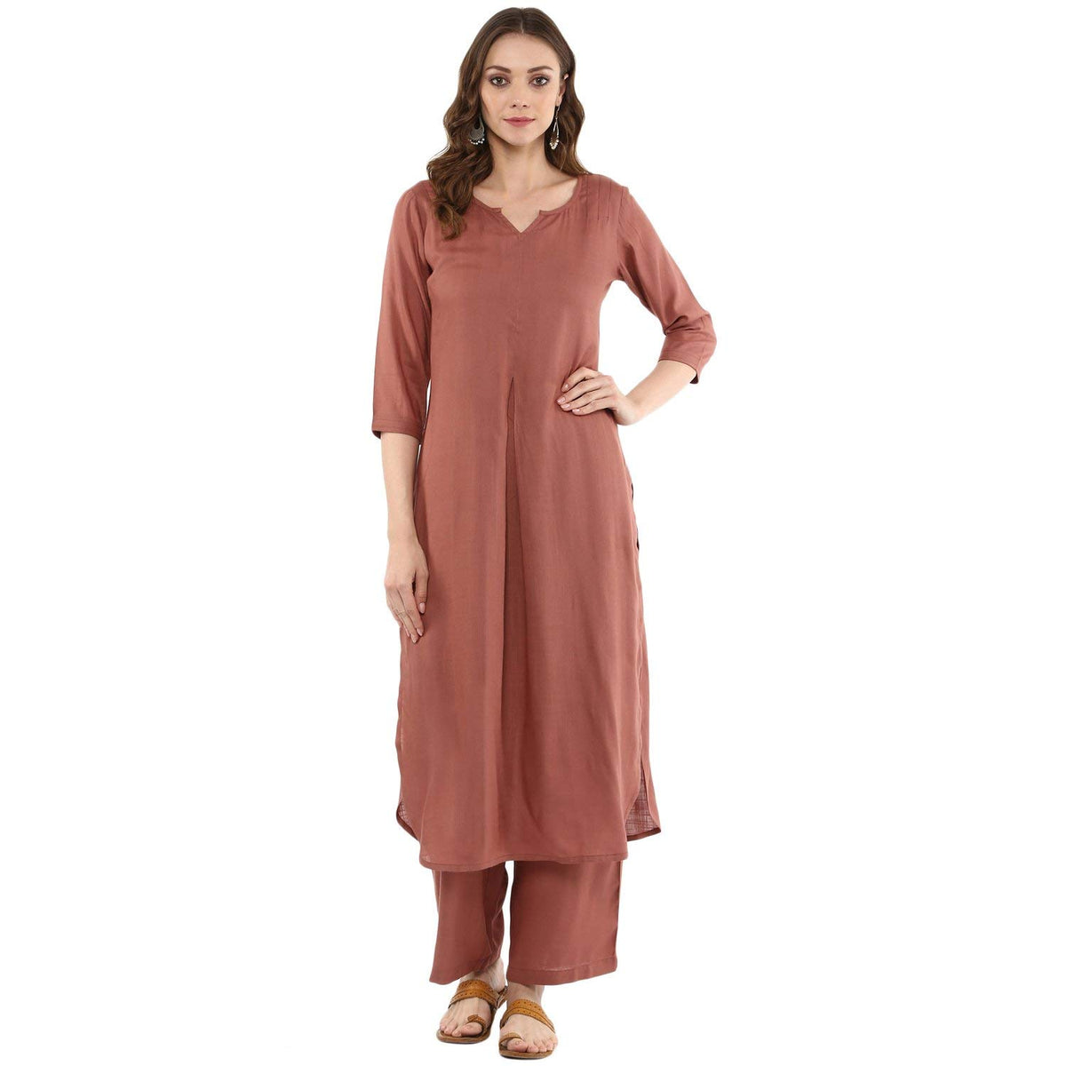 Idalia Rose Gold Straight Solid Kurta With Palazzo Pants, Rose Gold, S