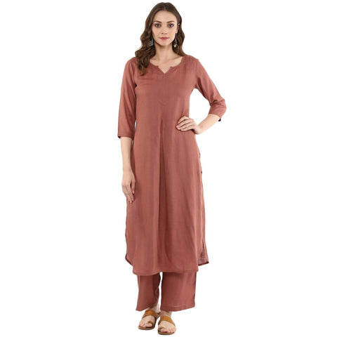 Idalia Rose Gold Straight Solid Kurta With Palazzo Pants, Rose Gold, S