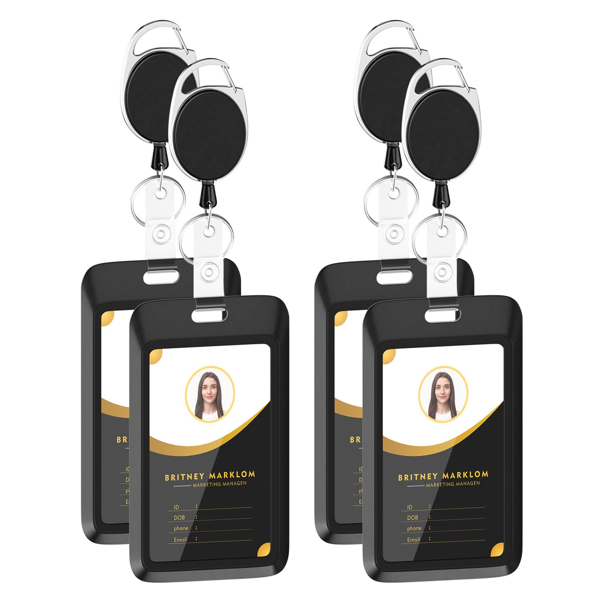 4 Pack Sliding Black ID Badge Holder with Retractable Badge Reel, Heavy Duty Plastic Vertical Key Card Holder with Carabiner for Office School Factory ID Credit Cards Drivers Licenses and Passes