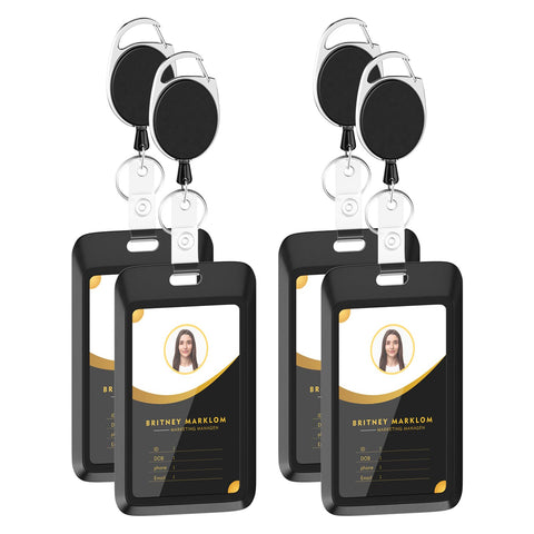 4 Pack Sliding Black ID Badge Holder with Retractable Badge Reel, Heavy Duty Plastic Vertical Key Card Holder with Carabiner for Office School Factory ID Credit Cards Drivers Licenses and Passes