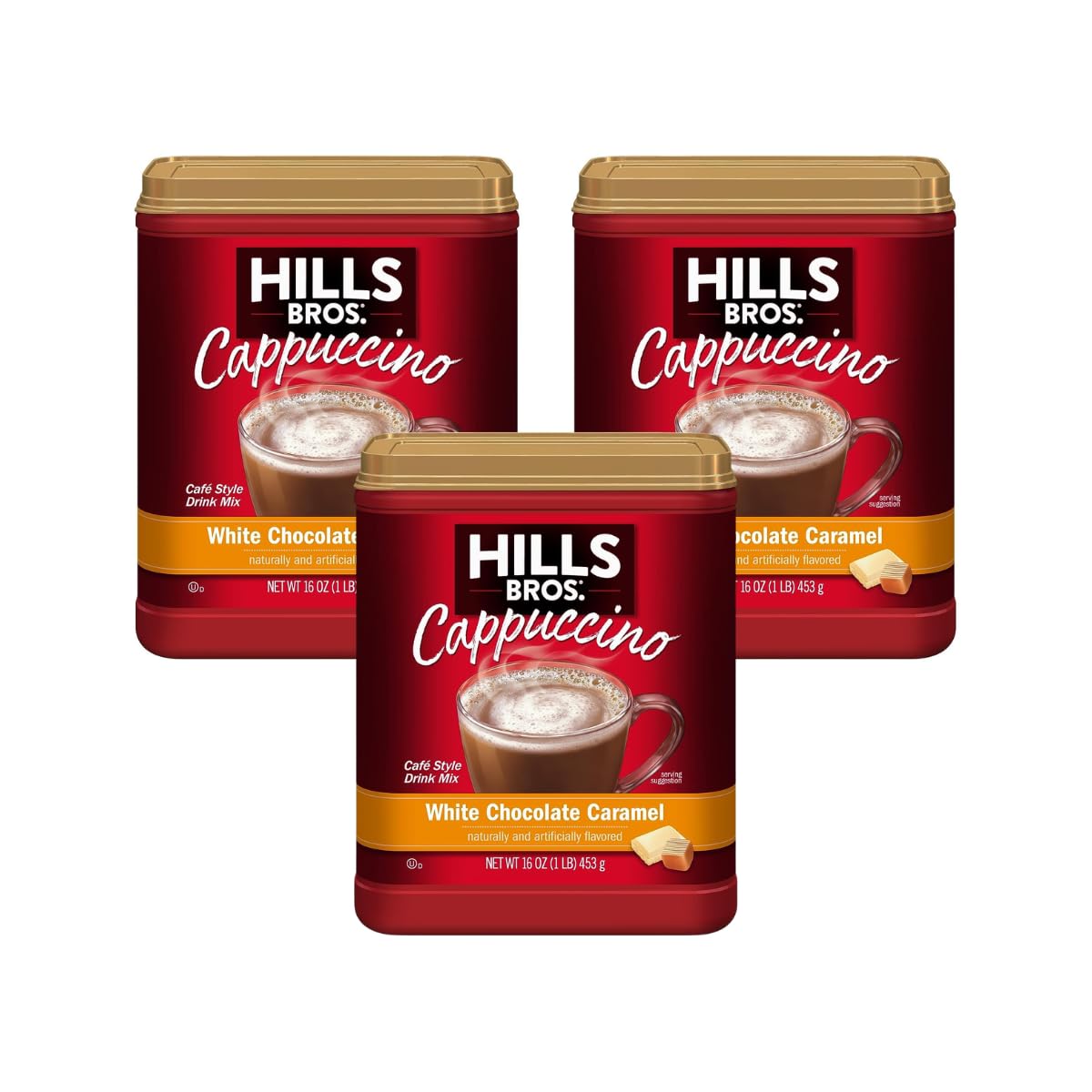 Hills Bros. Instant Cappuccino Mix, White Chocolate Caramel Cappuccino, Enjoy Coffeehouse Flavor from HomeÃ¢â‚¬â€œFrothy, Decadent Cappuccino with White Chocolate and Milky Caramel, 16 Ounces (Pack of 3)