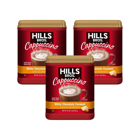 Hills Bros. Instant Cappuccino Mix, White Chocolate Caramel Cappuccino, Enjoy Coffeehouse Flavor from HomeÃ¢â‚¬â€œFrothy, Decadent Cappuccino with White Chocolate and Milky Caramel, 16 Ounces (Pack of 3)