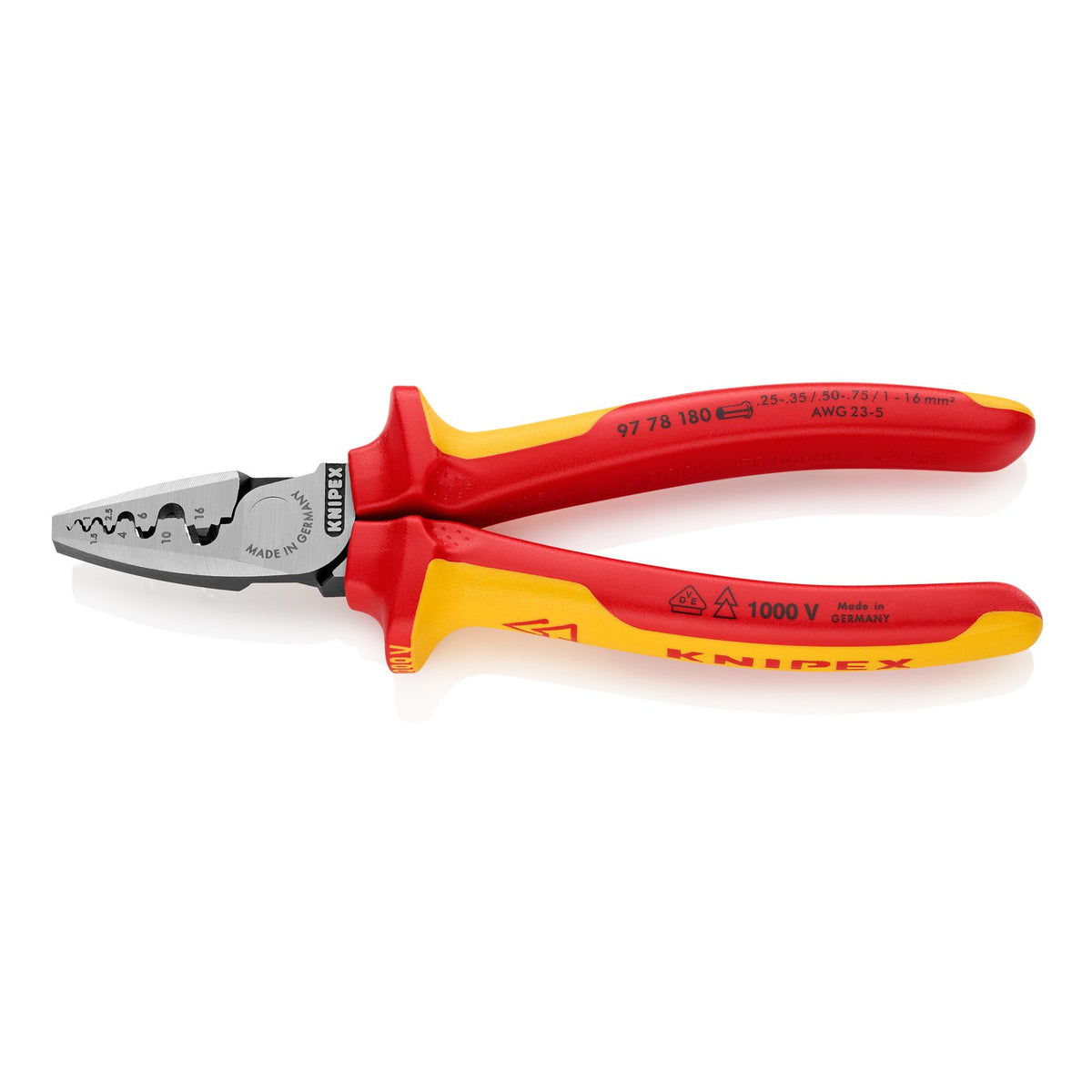 Knipex 97 78 180 Crimping Pliers for end sleeves 0,25-16mm with soft handle VDE-tested