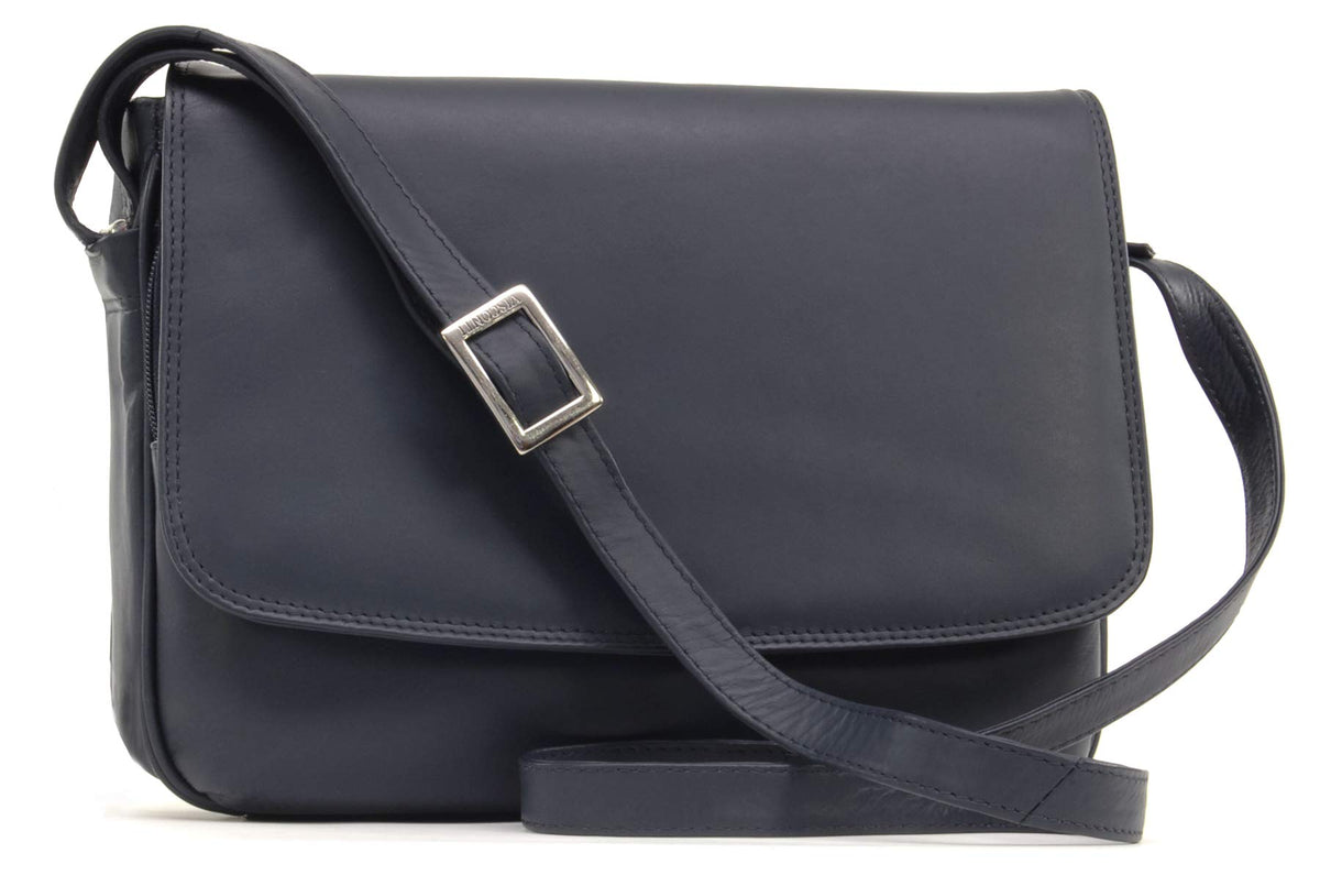 VISCONTI - Women's Cross Body Bag - Genuine Leather - Flap Over Organiser Shoulder Handbag - Multiple Pockets - Fits Tablets - 03190 - CLAUDIA - Navy Blue