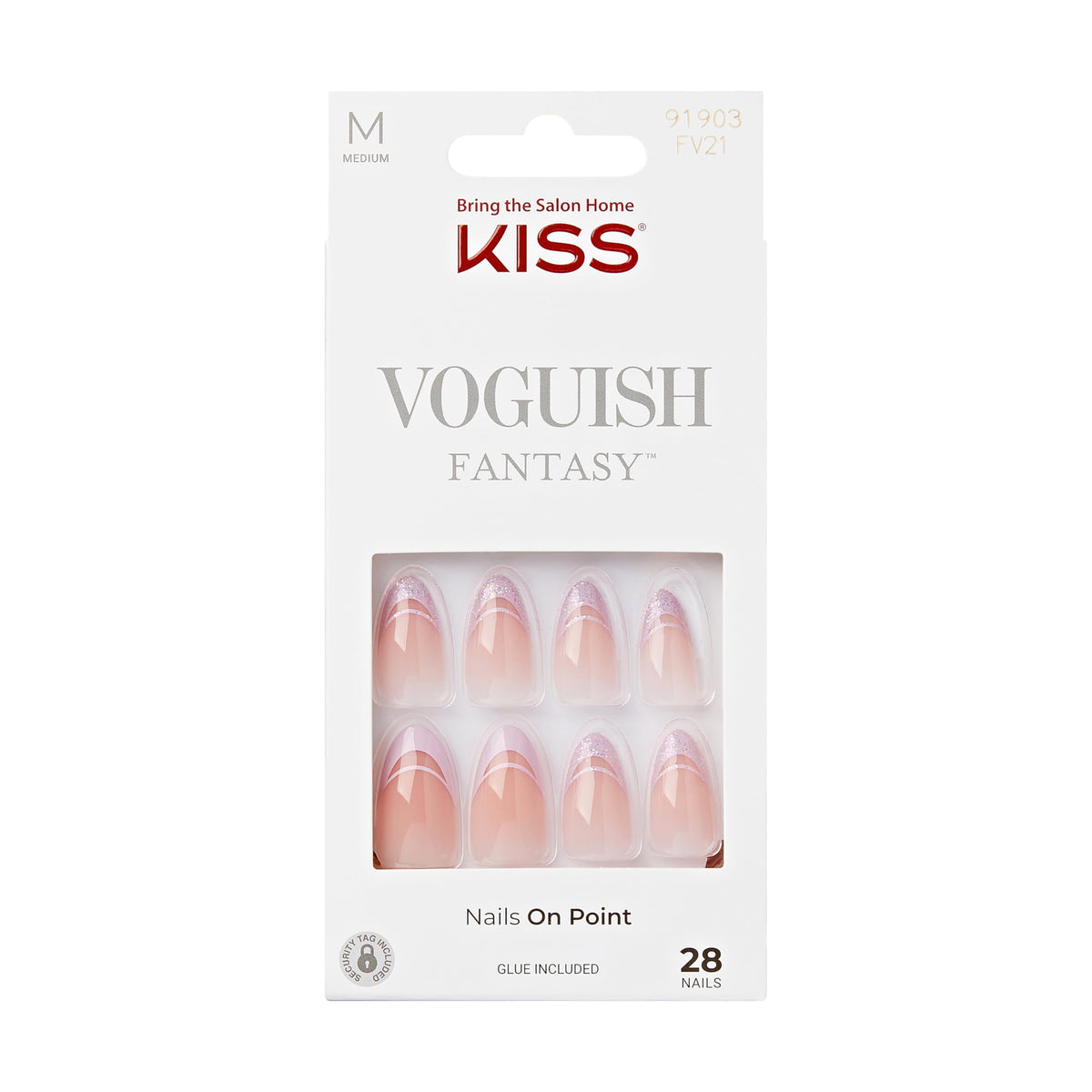 KISS Voguish Fantasy, Press-On Nails, Nail glue included, 'Rainy Night', Light Pink, Medium Size, Almond Shape, Includes 28 Nails, 2g Glue, 1 Manicure Stick, 1 Mini file