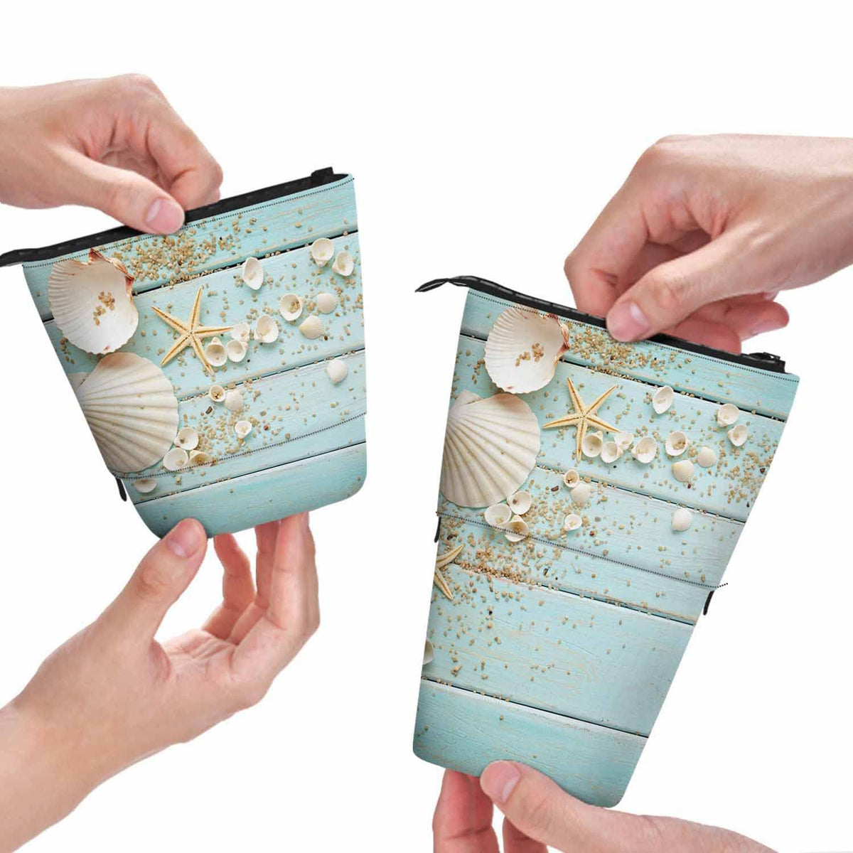 Swono Seashells Pencil Holder Beach Ocean Starfish Wooden Nautical Border Stand Up Pencil Case Organizer Cosmetics Pouch For Women Men Turquoise