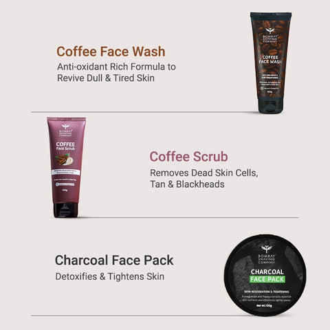 Bombay Shaving Company De-Tan Glow Kit for Men & Women | Combo of Coffee Scrub 100g, Coffee Face Wash 100g & Charcoal Face Pack 100g | Detoxify and Rejuvenate your skin