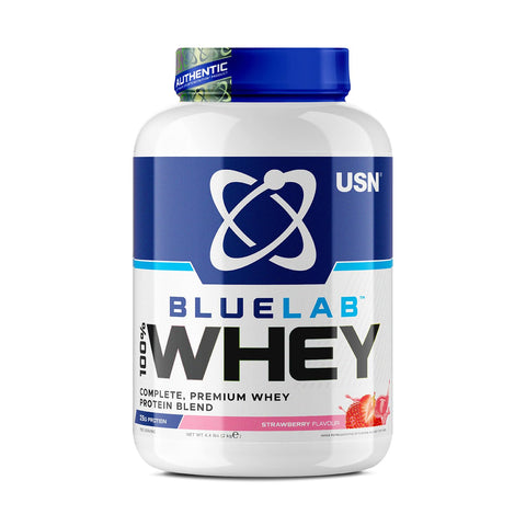 USN Blue Lab Whey Protein Powder, Strawberry Flavour - 2kg, Premium Whey Isolate Protein Dietary Supplement, Post Workout Lean Muscle Growth BCAA Amino Acids Powder, Quality Protein Shake Drink Mix