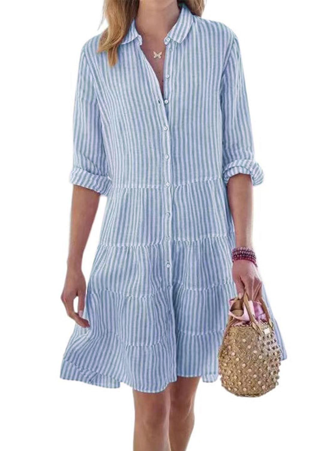 utcoco Womens Striped Button Down Midi Shirt Dress Casual Loose Cuffed Long Sleeve Mid Long Dresses (Medium, Blue)