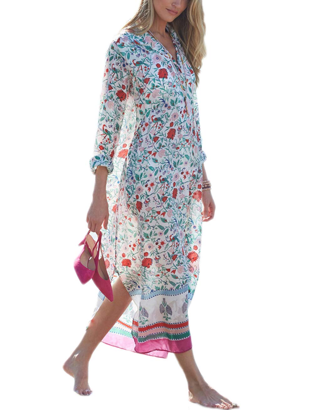 Bsubseach Chiffon Print Shirt Dress Beach Cover Up Loose Turn Down Collar Long Sleeve Bikini Kaftan Cover Ups for Swimwear Women